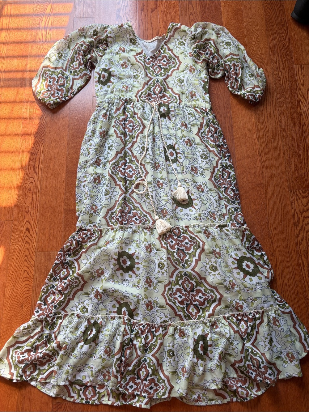 Soft Surroundings Green Cream & Brown Boho Maxi Dress size PXS Artsy Prairie 70s